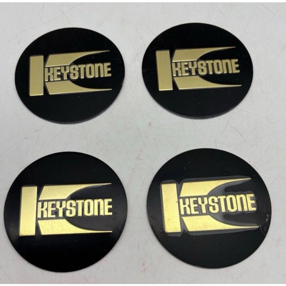 Vintage Keystone Wheels Center Cap Emblems Black Gold Set of 4 Logo 1-9/16”